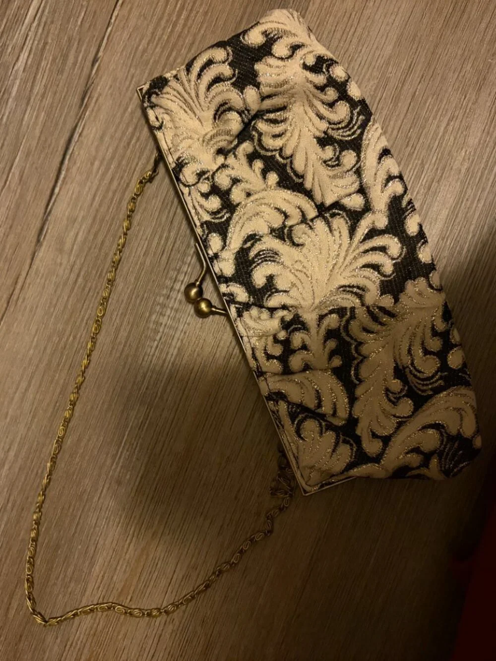 Vintage Black Cream Gold Coin Purse 20s Chain Strap Condition Pictured